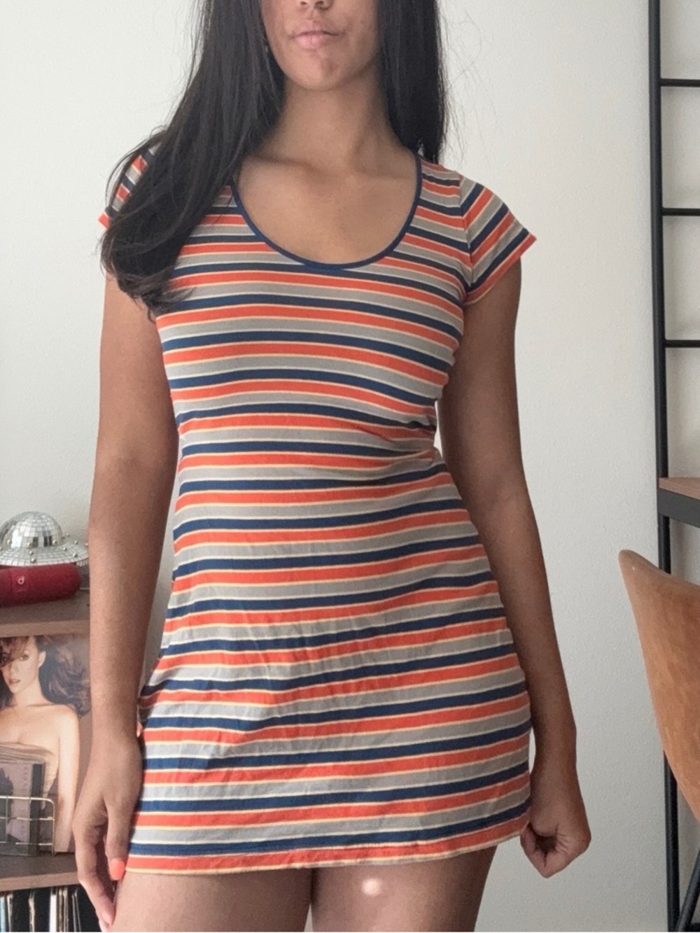 Striped Scoop Neck Short Sleeve Women's Top - Orange & Navy